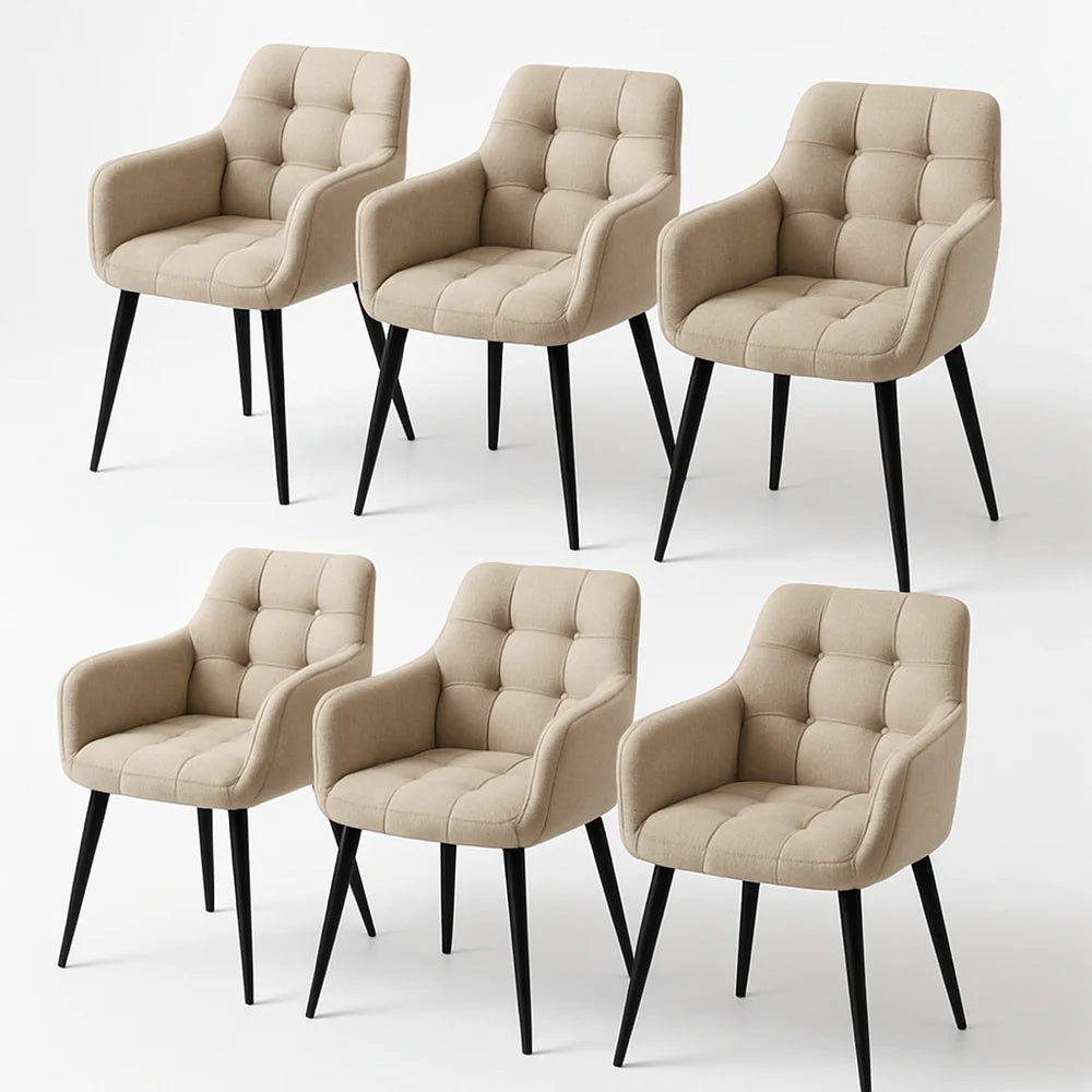 Lot de 6 chaises de salle à manger rembourrées en tissu beige avec pieds en métal noir