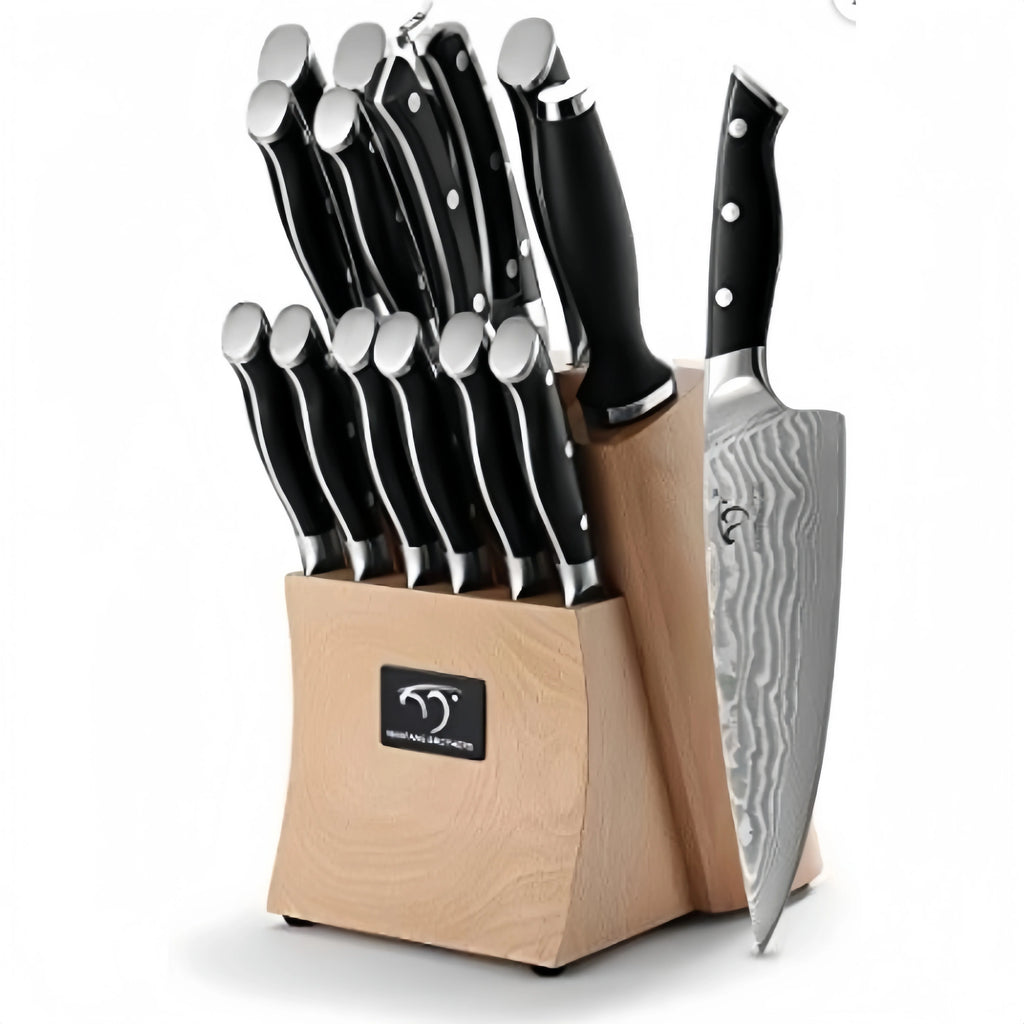 Juego de cuchillos de cocina Damascus, set de 9 piezas con bloque, mango ergonómico ABS para cuchillos de chef, afilador de cuchillos y tijeras de cocina, bloque de madera de haya