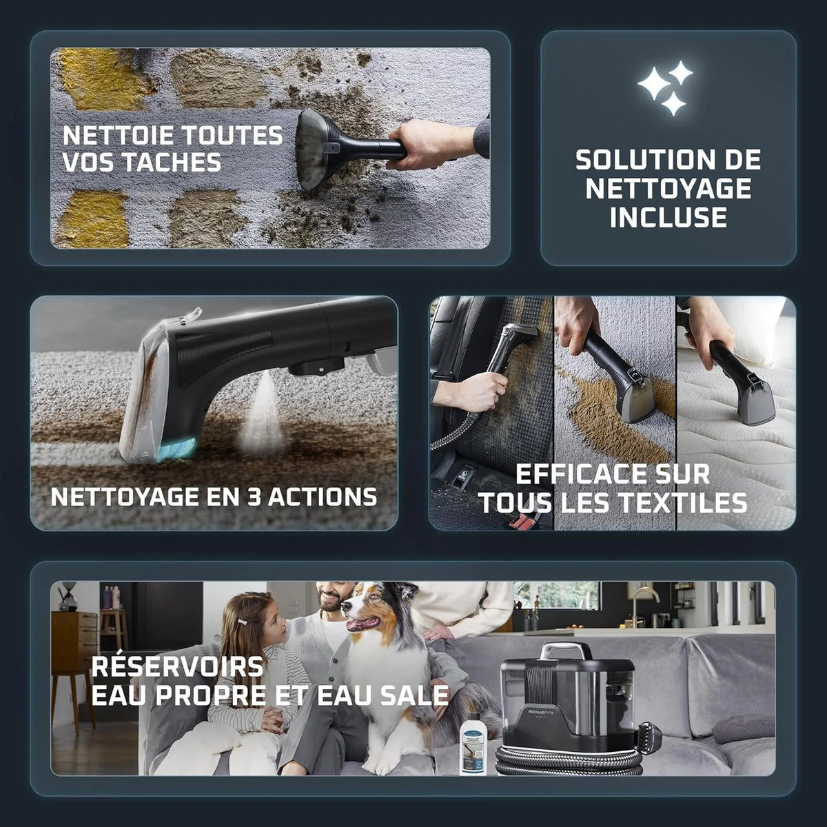 Rowenta X-Clean 10 et Clean it, Aspirateur Laveur sans Fil et Shampouineuse, Parfait pour Tâches Tenaces et Poils, Sols Durs, Moquettes et Tapis GZ7540WO + IN5010F0