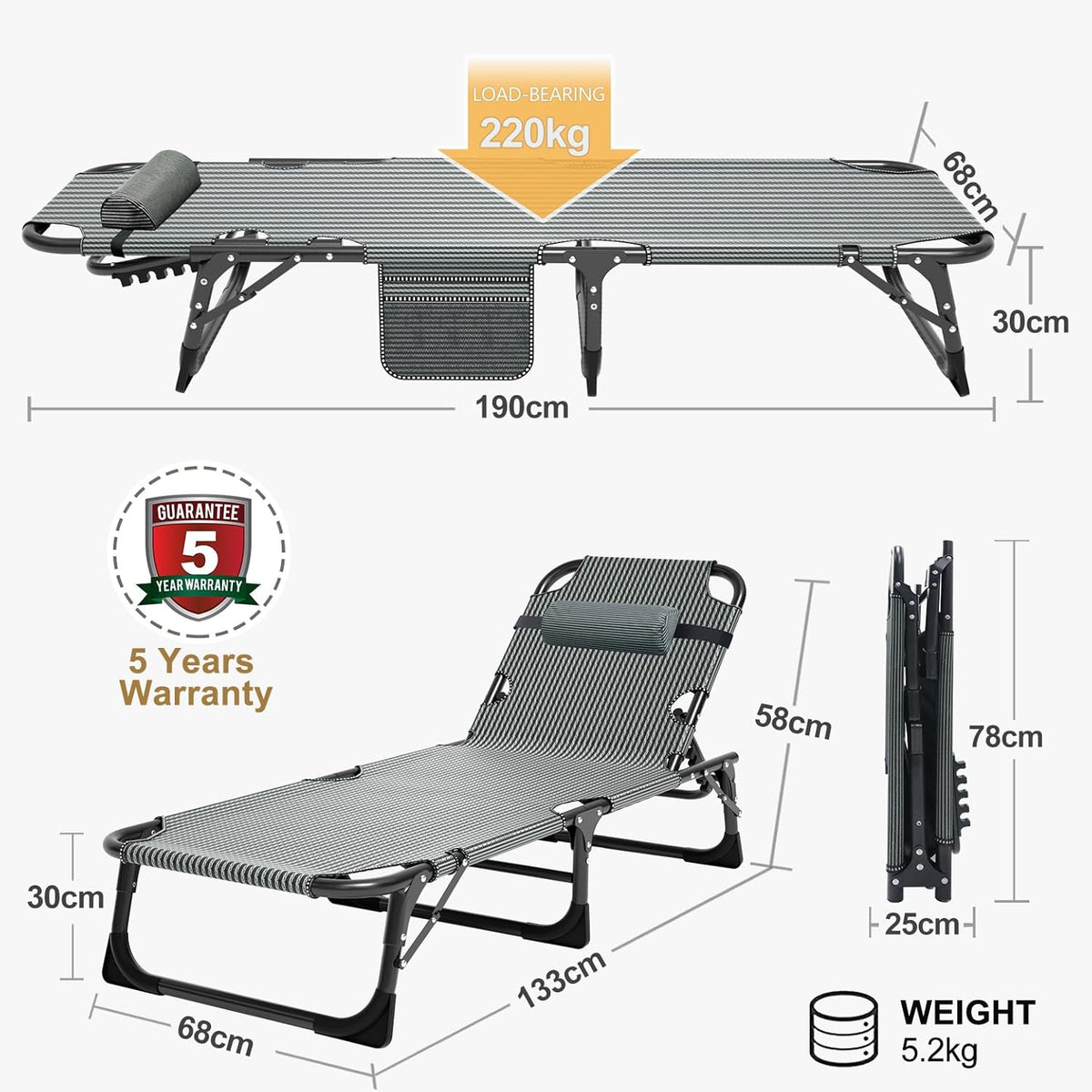 MOPHOTO Chaise Longue Pliable pour Jardin avec Matelas, Dossier et Repose-Pieds réglables, Chaise Pliante Portable pour intérieur et extérieur, Chaise Longue pour Bronzer(1 Paquet)