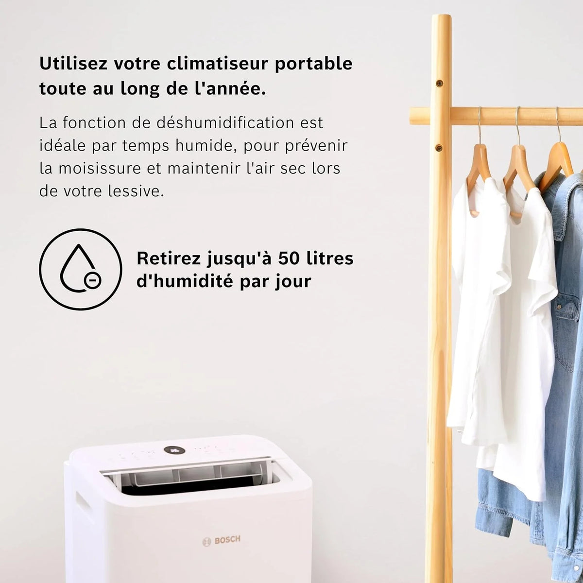 Bosch Cool 2000 Portable AC - 3 en 1 Climatiseur, Déshumidificateur, Ventilateur - 2,6 kW pour les pièces jusqu'à 35m² - Avec Mode Auto, Mode Silencieux et Mode Veille (46 db (A)) [Classe A]