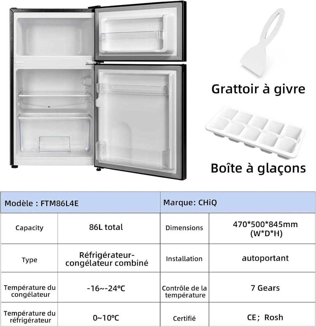 CHIQ Réfrigérateur congélateur en haut Réfrigérateur congélateur - 86 L (61/25L) - Portes réversibles, Congélateur 4 étoiles, Machine à glaçons, Garantie compresseur 12 ans, Classe E