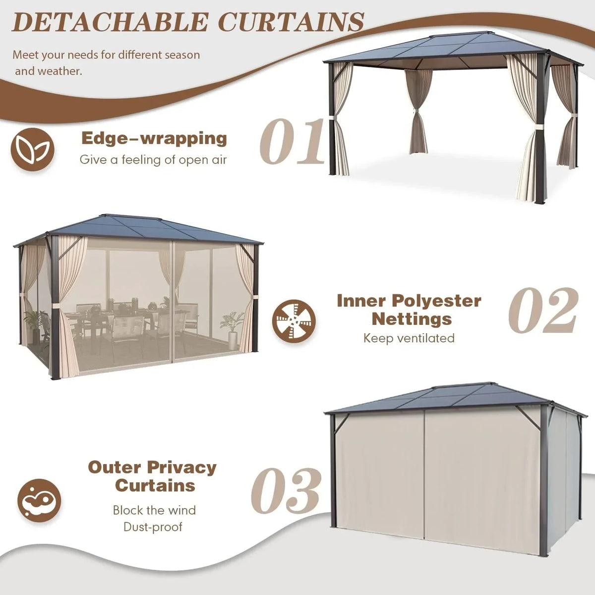 EROMMY Hardtop Gazebo,Outdoor Pergola with Double Roof & Netting & Curtains,Heavy Duty Canopy for Patio, Backyard, Pool party