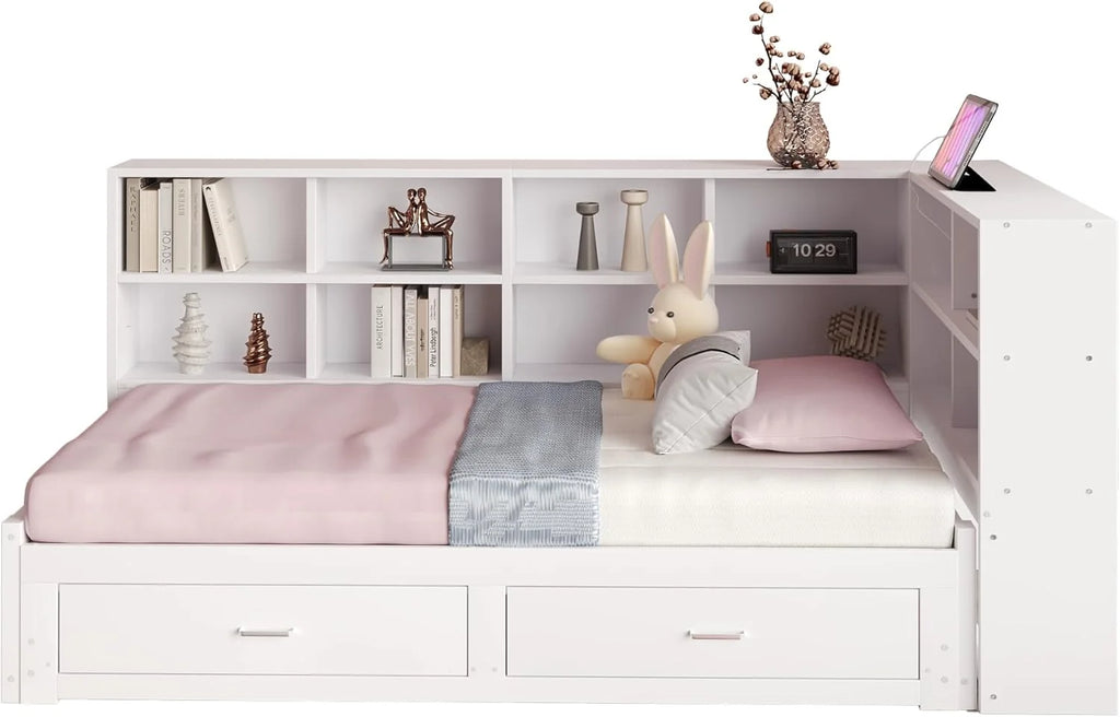 Lit Gigogne 90x190 cm + 180x190 cm - Lit en Bois avec Rangement et Prise Intégrée, Structure Pin et MDF, Matelas Non Inclus - Blanc