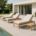 Ensemble 5 pièces chaise longue de jardin bois massif crème rembourrée réglable