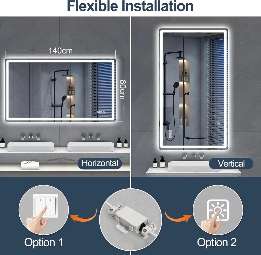 S'bagno Espejo-Baño-con-Luz 120x70cm, Espejo-Baño-LED-Bluetooth con Función Antivaho, 3000K/4000K/6500K, Regulable, Memoria, Cristal Templado HD, IP44-Espejos-de-Baño-con-LED, Horizontal/Vertical