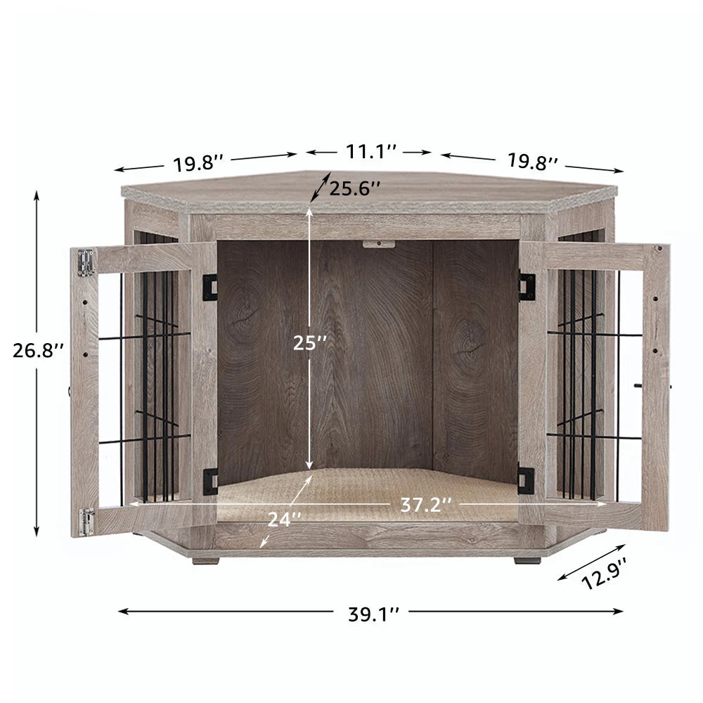 Mueble para Jaula de Perro Esquinero Unipaws, Perrera de Madera para Cachorros y Perros, Jaula para Mascotas para Espacios Limitados, Tamaño Mediano, Gris Envejecido