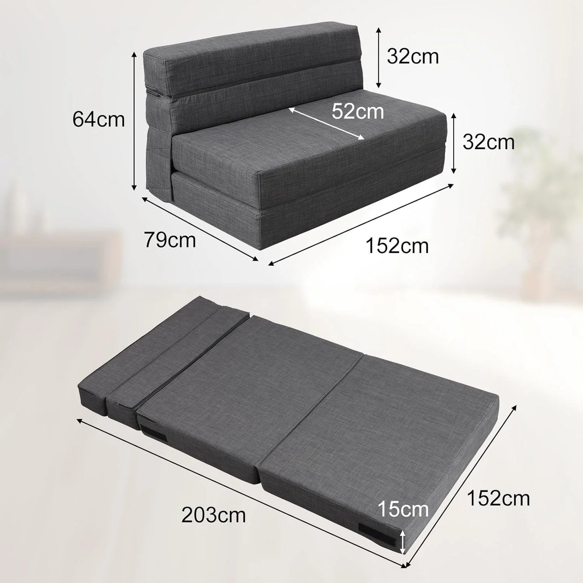 ANONER Canapé Convertible 2 Places 150cm de Large, Pliable en Mousse à Mémoire de Forme & 2 Oreillers, Lit Pliant de Sol pour Chambre Salon, Gris Foncé