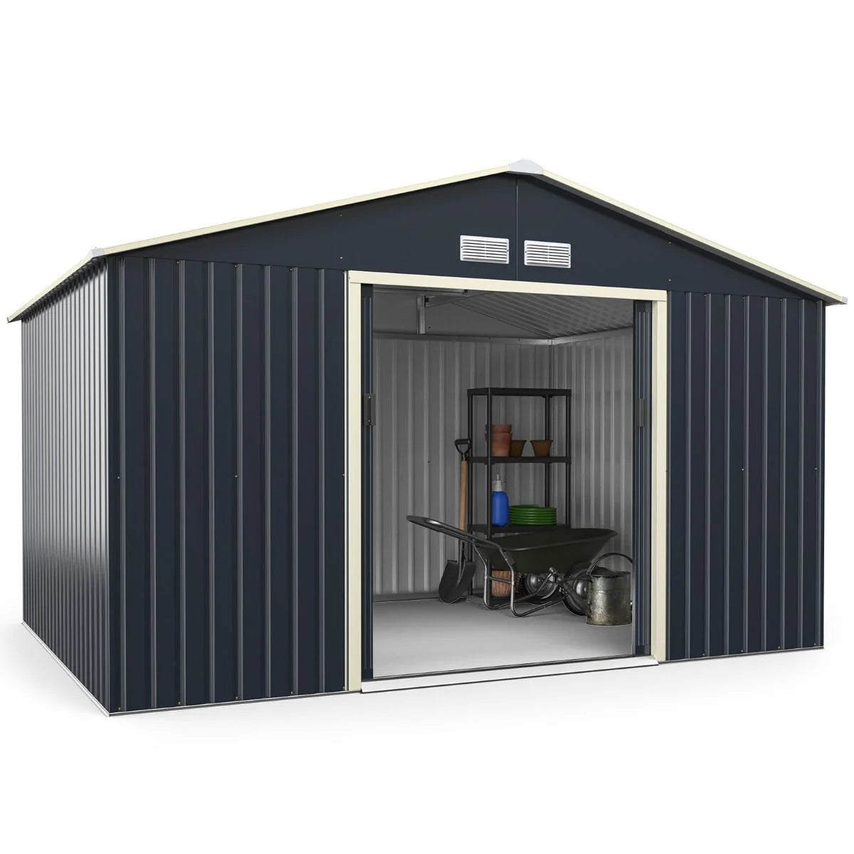 Abri de Jardin en Métal & Extension 10.85㎡ avec 2 Portes Coulissantes Verrouillables 4 Trous d’Aération Gris pour Vélo