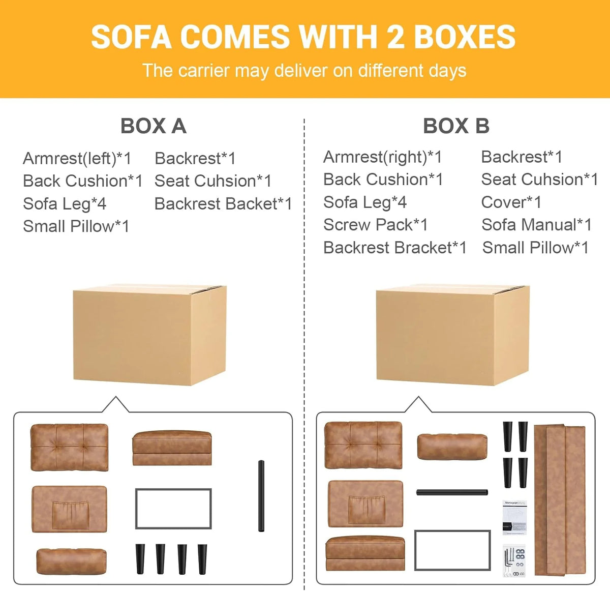 Aotumm Ciort Sofa 2 Plazas, Sofá Moderno con Cojines Gruesos, 2 Almohadas, Cómodo Sofá de Cuero con 2 Bolsillos de Almacenamiento para Sala de Estar/Dormitorio/Oficina, Sofá Pequeño (Marrón)