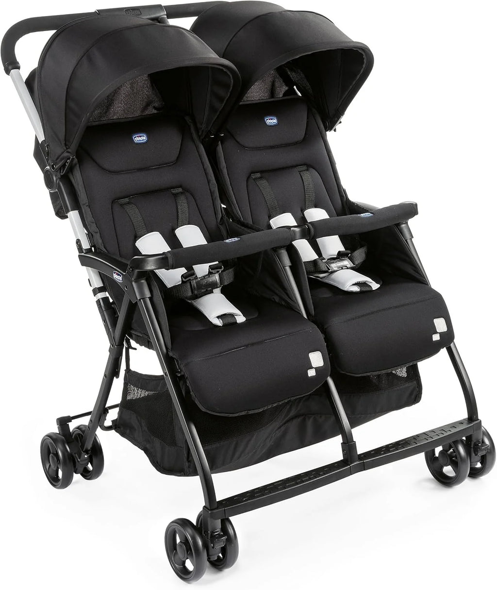 Chicco OHlalà Poussette Double Tandem, Légère Inclinable et Pliable, pour Jumeaux dès la Naissance jusqu'à 15 kg, Fermeture Compacte, Housse de Pluie Incluse, Capote Extensible – Noir