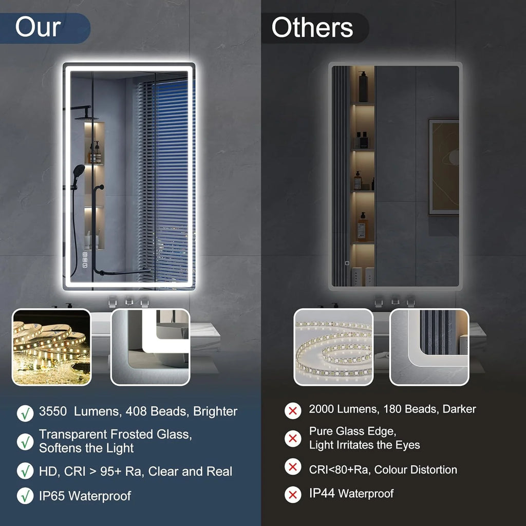 S'bagno Espejo-Baño-con-Luz 120x70cm, Espejo-Baño-LED-Bluetooth con Función Antivaho, 3000K/4000K/6500K, Regulable, Memoria, Cristal Templado HD, IP44-Espejos-de-Baño-con-LED, Horizontal/Vertical