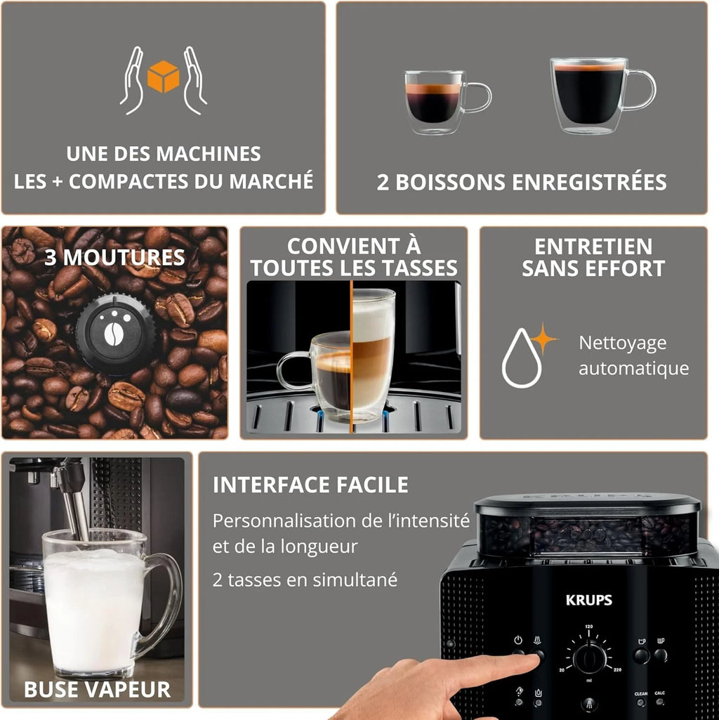 Krups Machine à café grain, machine expresso, 2 tasses en simultané, Nettoyage automatique, Buse vapeur pour Cappuccino, Cafetière espresso, Essential noire YY8125FD