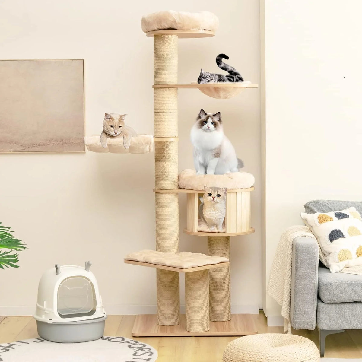 Árbol para Gatos Grande, Torre de Múltiples Niveles con Poste de Sisal, Hamaca, Cesta Colgante y Alfombrillas Desmontables y Lavables, Perfecto para Gatos Grandes