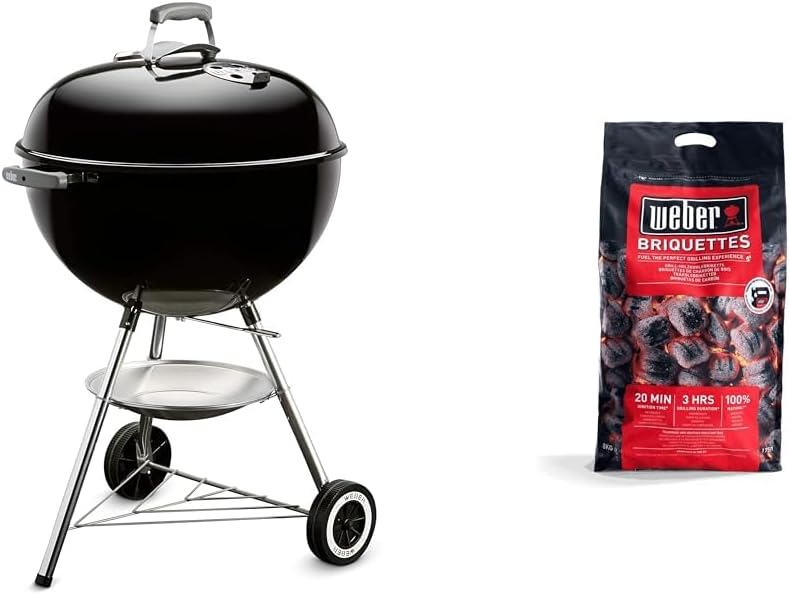 Weber Classic Kettle barbecue au charbon de bois, surface de cuisson Ø 57cm, barbecue avec couvercle et cuve en acier emaillé, thermomètre intégré au couvercle, trépied et roues - Noir (1341504)