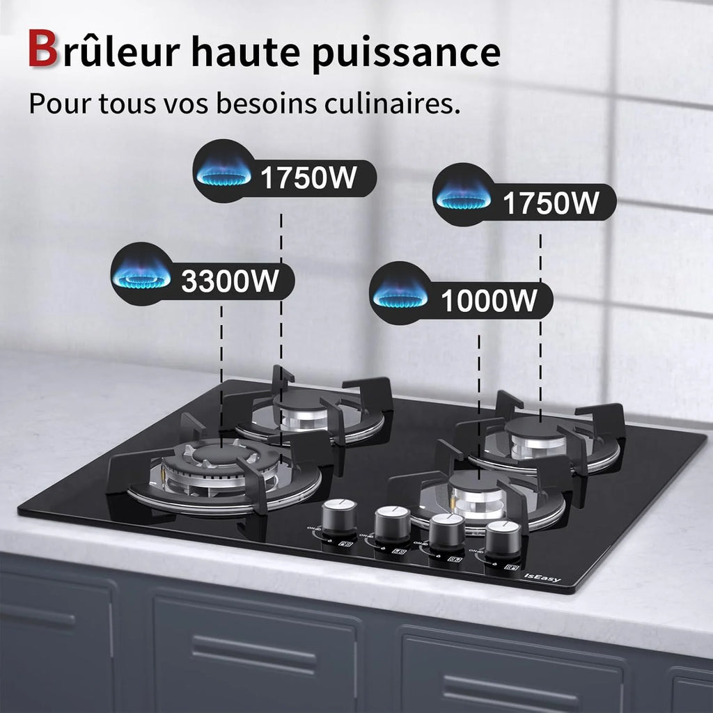 IsEasy Plaque Gaz 4 Feuxs Encastrable, Plaque de Cuisson Gaz 4 Feuxs Verre, Table Gazs 60cm, Gazs Bouteille et Ville, Avec buse NG/LPG