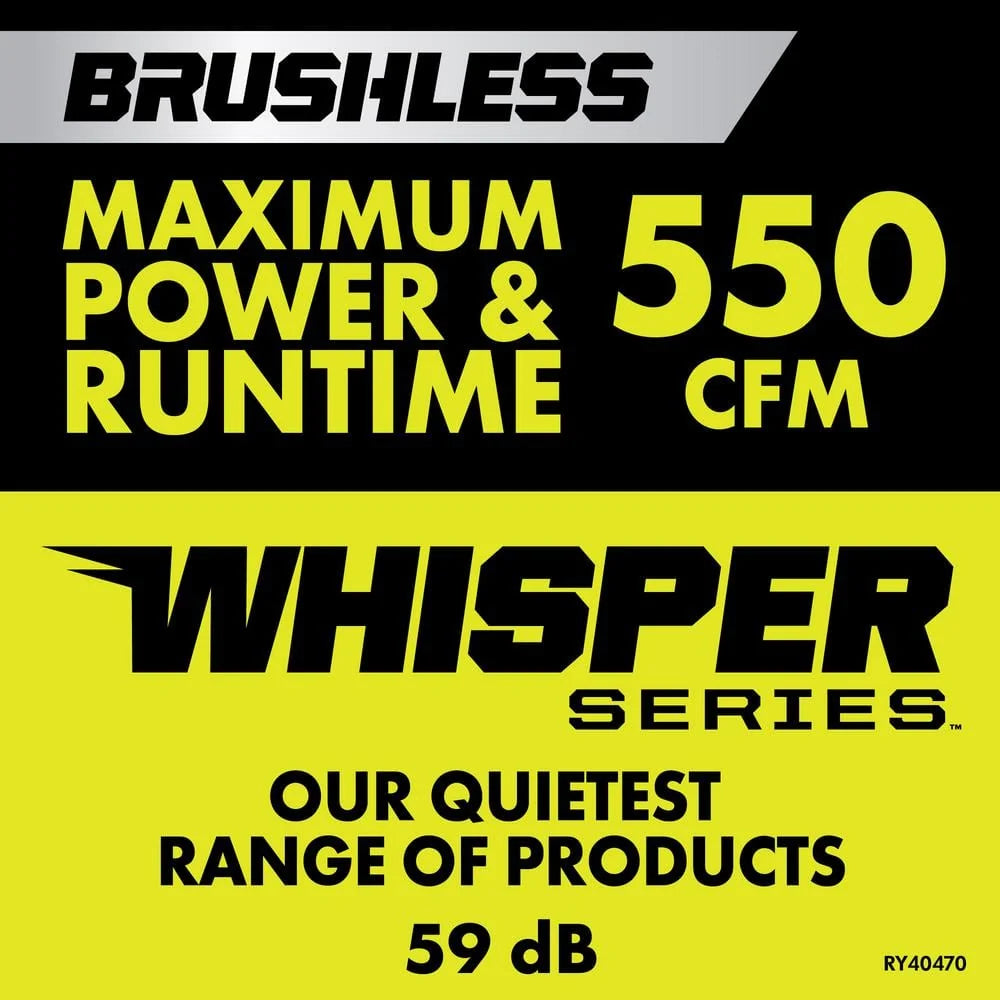 Soplador a Batería Inalámbrico RYOBI Whisper Series 40V Brushless con Motor Sin Escobillas, Velocidad de 125 MPH y Flujo de Aire de 550 CFM, con Batería de 4.0 Ah y Cargador RY40470