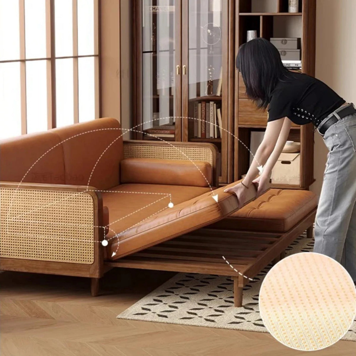 Nismaaya Leather & Rattan Weaving Wooden Frame Sofa Cum Bed