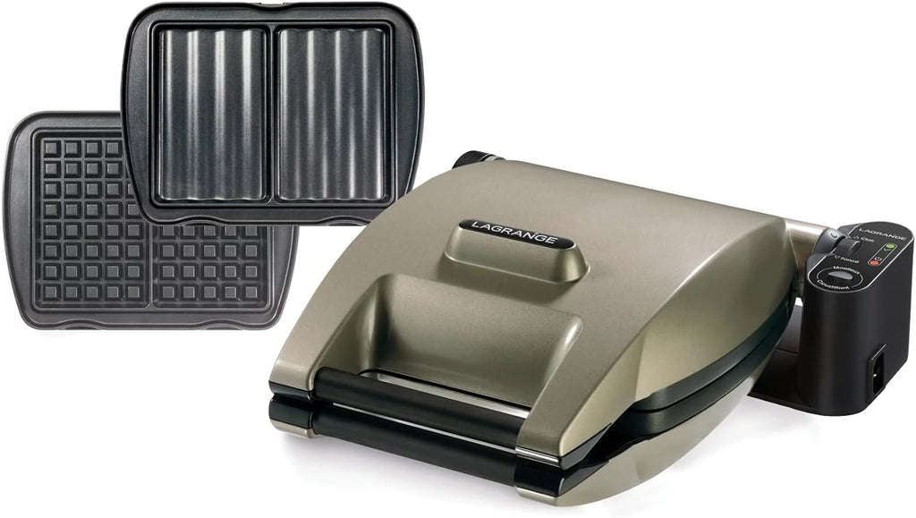 LAGRANGE Gaufrier Premium, 1200W, 2 jeux de plaques inclus (Gaufre & Croque Monsieur), Fabriqué en France, Réversible sur son socle, Cuisson personnalisée, Plaques amovibles, Multifonction, 019422