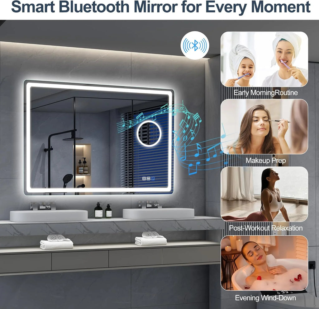 S'bagno Espejo-Baño-con-Luz 120x70cm, Espejo-Baño-LED-Bluetooth con Función Antivaho, 3000K/4000K/6500K, Regulable, Memoria, Cristal Templado HD, IP44-Espejos-de-Baño-con-LED, Horizontal/Vertical