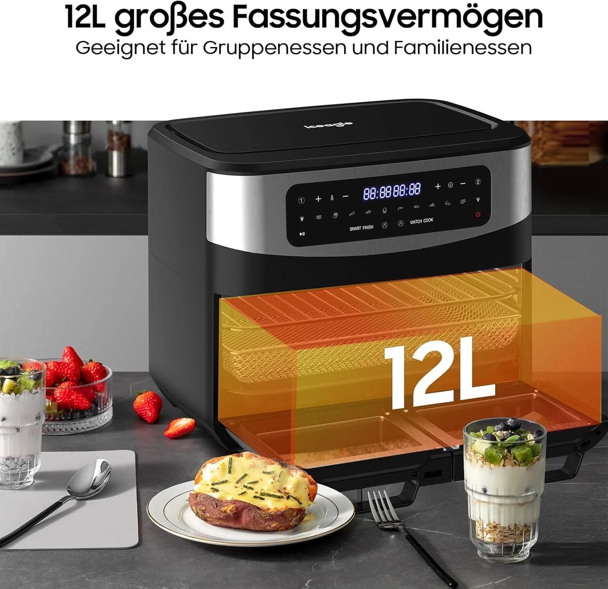 Iceagle Air Fryer 12 L Friteuse sans Huile - Friteuse à Air Chaud avec 10 Programmes, 2 Tiroirs, Fenêtre Visible, Panneau Tactile LED, Fonctions Match Cook & Smart Cook, 2600W, Noir